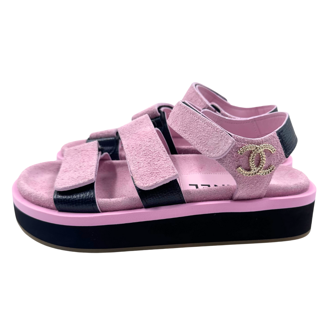 Chanel Pink/Black Suede Sandals