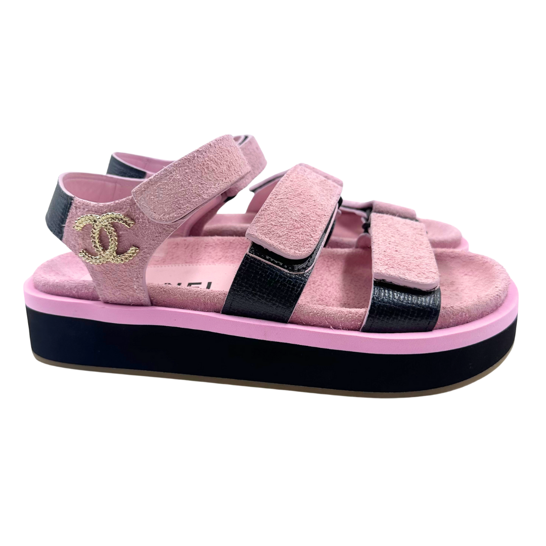 Chanel Pink/Black Suede Sandals